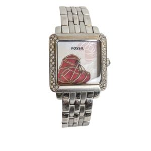 FOSSIL Rare Vintage Silver-Tone Watch with Red Rose Dial – 7”‎